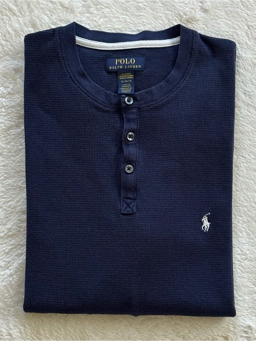 Polo Ralph Lauren Mens XL Waffle Knit Henley Thermal Shirt Navy Blue